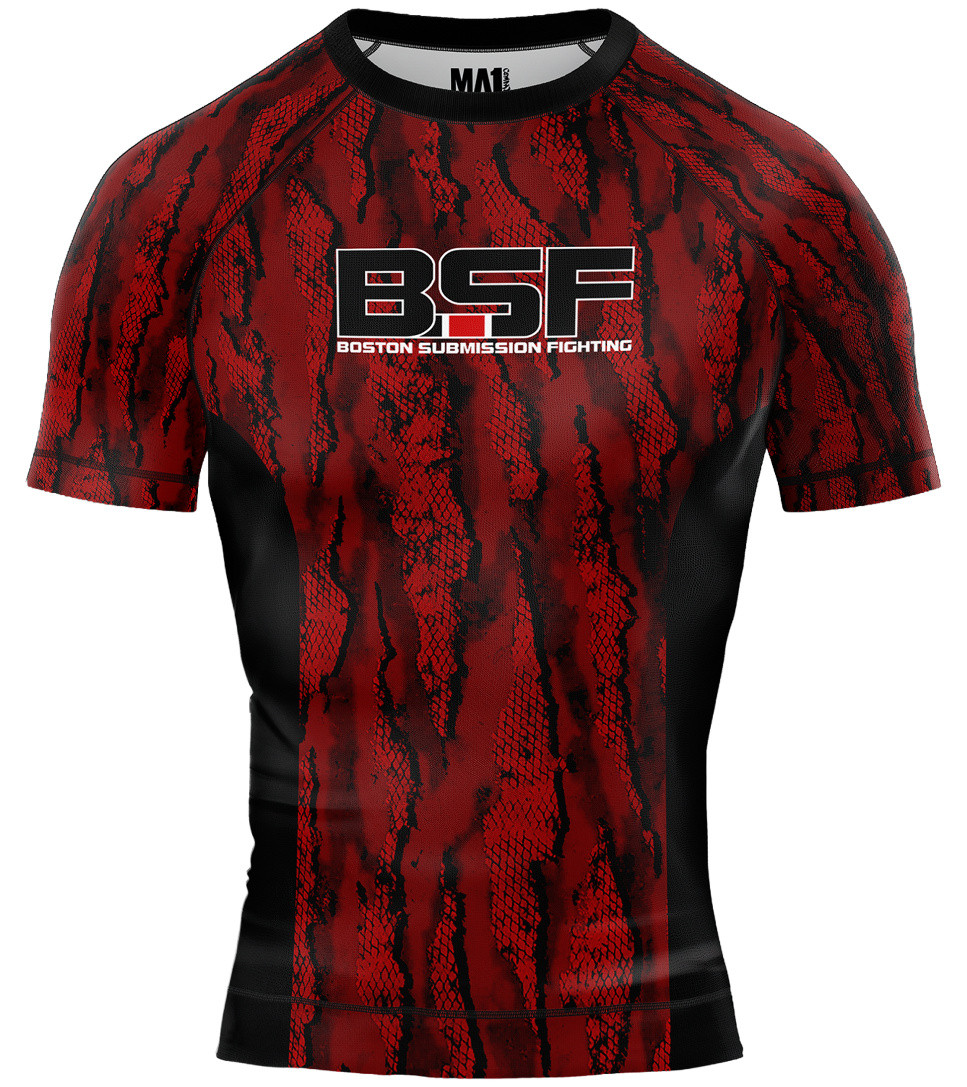 Red and black patterned shirt with Boston Submission Fighting logo on a white background