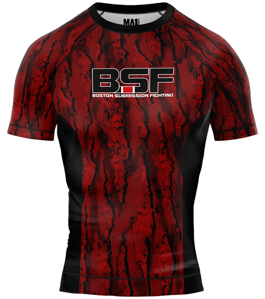 Red and black patterned shirt with Boston Submission Fighting logo on a white background